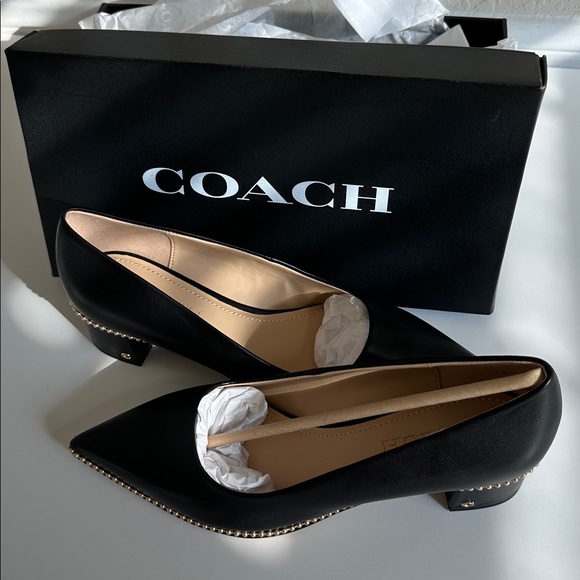 Coach Black Leather Pointed Low Heel Pump with Gold Bead Trim US Size 8B - Picture 5 of 16